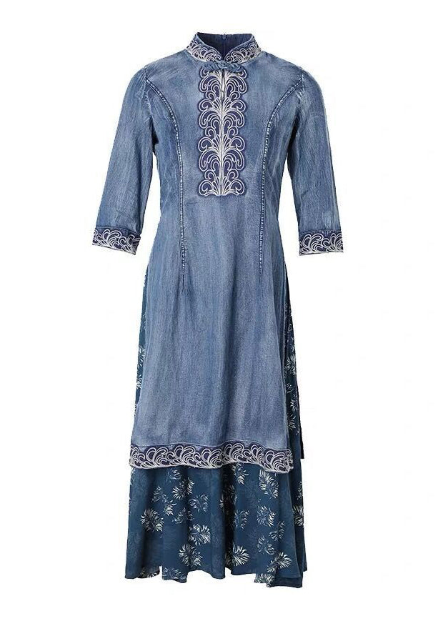 Beautiful Blue Stand Collar side open Embroidered Patchwork denim Dress Three Quarter sleeve