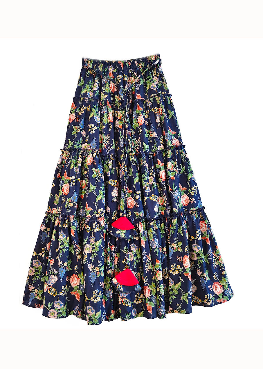 Beautiful Blue Wrinkled Print High Waist Patchwork Cotton Skirts Fall