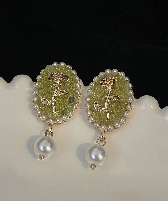 Beautiful Green Sterling Silver Alloy Pearl Resin Floral Drop Earrings