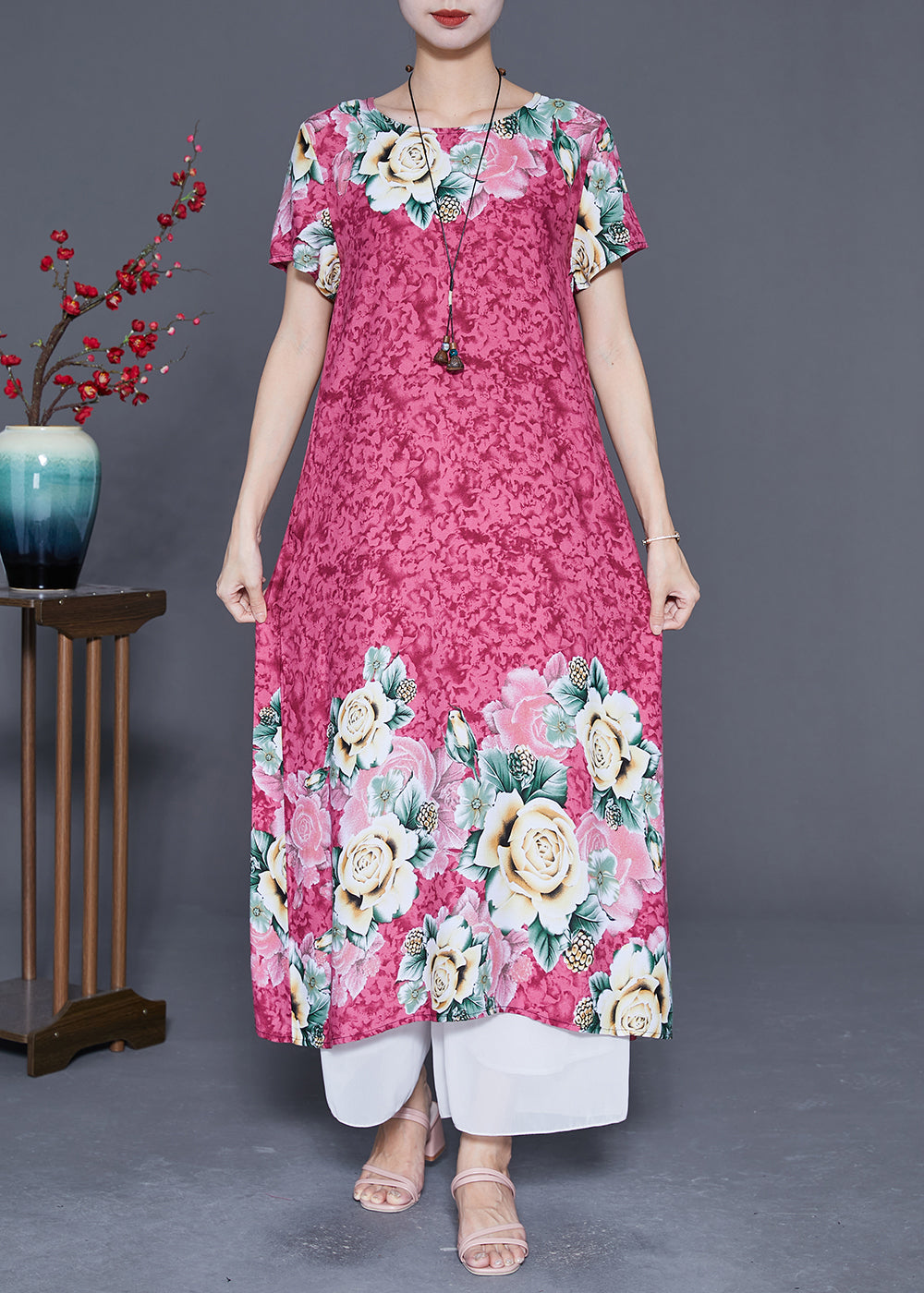 Beautiful Pink Oversized Print Cotton Holiday Dresses Summer