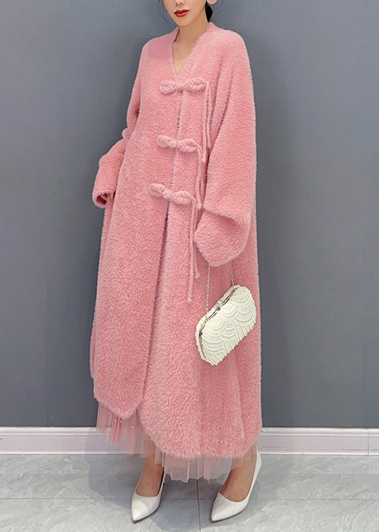 Beautiful Pink V Neck Button Woolen Trench Coat Long Sleeve