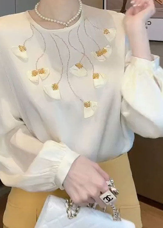 Beautiful White O Neck Patchwork Zircon Chiffon Shirts Spring