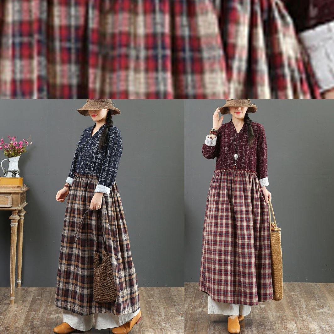 Beautiful blue plaid linen clothes v neck wrinkled Maxi fall Dresses - Omychic