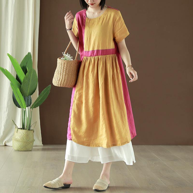 Beautiful o neck patchwork linen clothes Runway yellow Dresses summer - Omychic