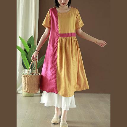 Beautiful o neck patchwork linen clothes Runway yellow Dresses summer - Omychic