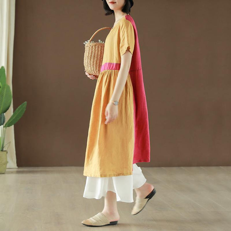 Beautiful o neck patchwork linen clothes Runway yellow Dresses summer - Omychic