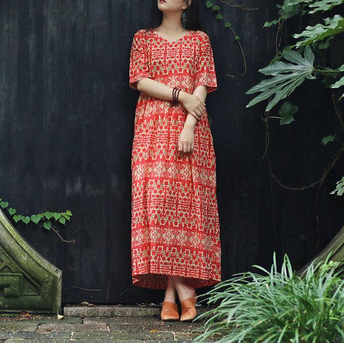 Beautiful red print cotton Long Shirts Omychic Sleeve v neck tie waist cotton Summer Dresses - Omychic