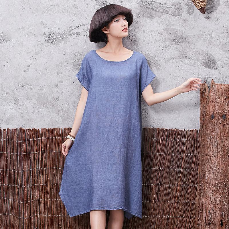 Beautiful side open  cotton Long Shirts Wardrobes blue o neck Dresses summer - Omychic