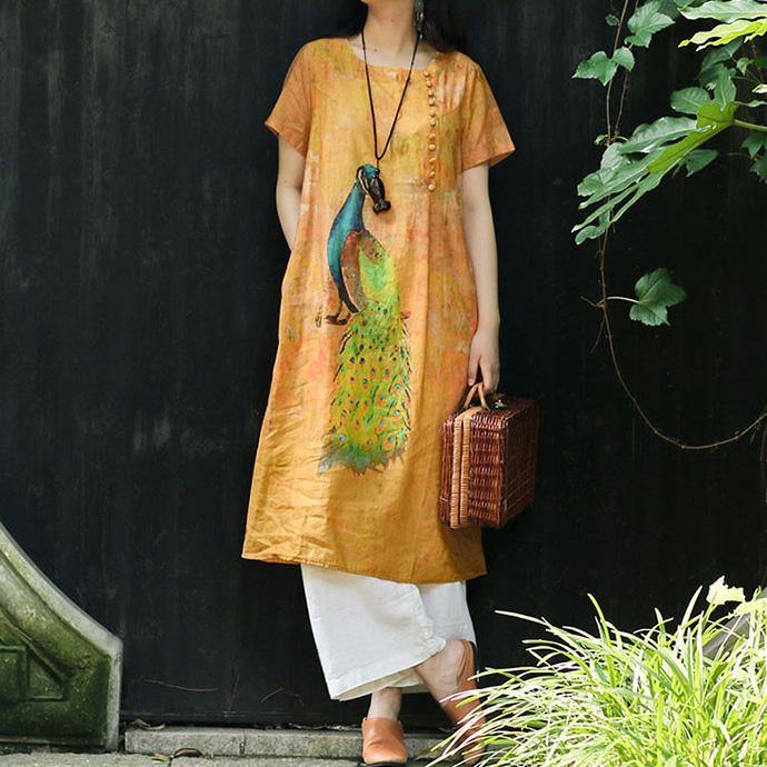 Beautiful yellow print linen dress Women Photography o neck Button Down daily Summer Dress - Omychic