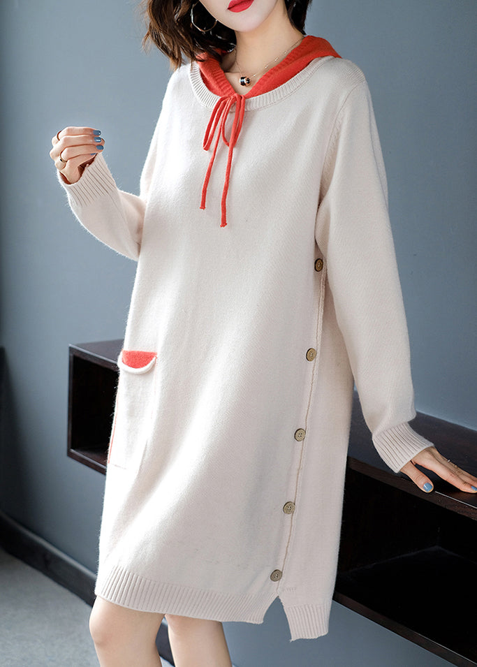 Beige Drawstring Thick Hooded Knit Woolen Sweater Dress Fall