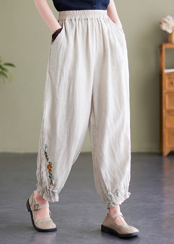 Beige Lace Pockets Linen Lantern Trousers Embroideried Summer