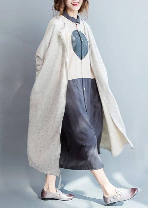 Beige long plus size cotton cardigans oversize knitted coats maxi dress outwear windbreakers - Omychic