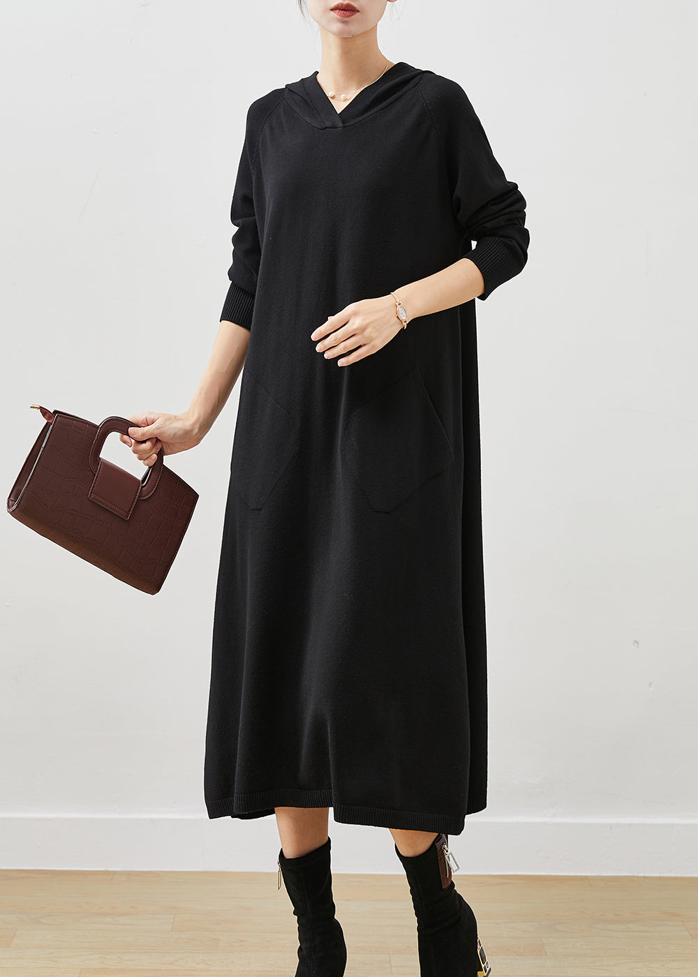 Black Loose Knit Vacation Dresses Hooded Pockets Spring