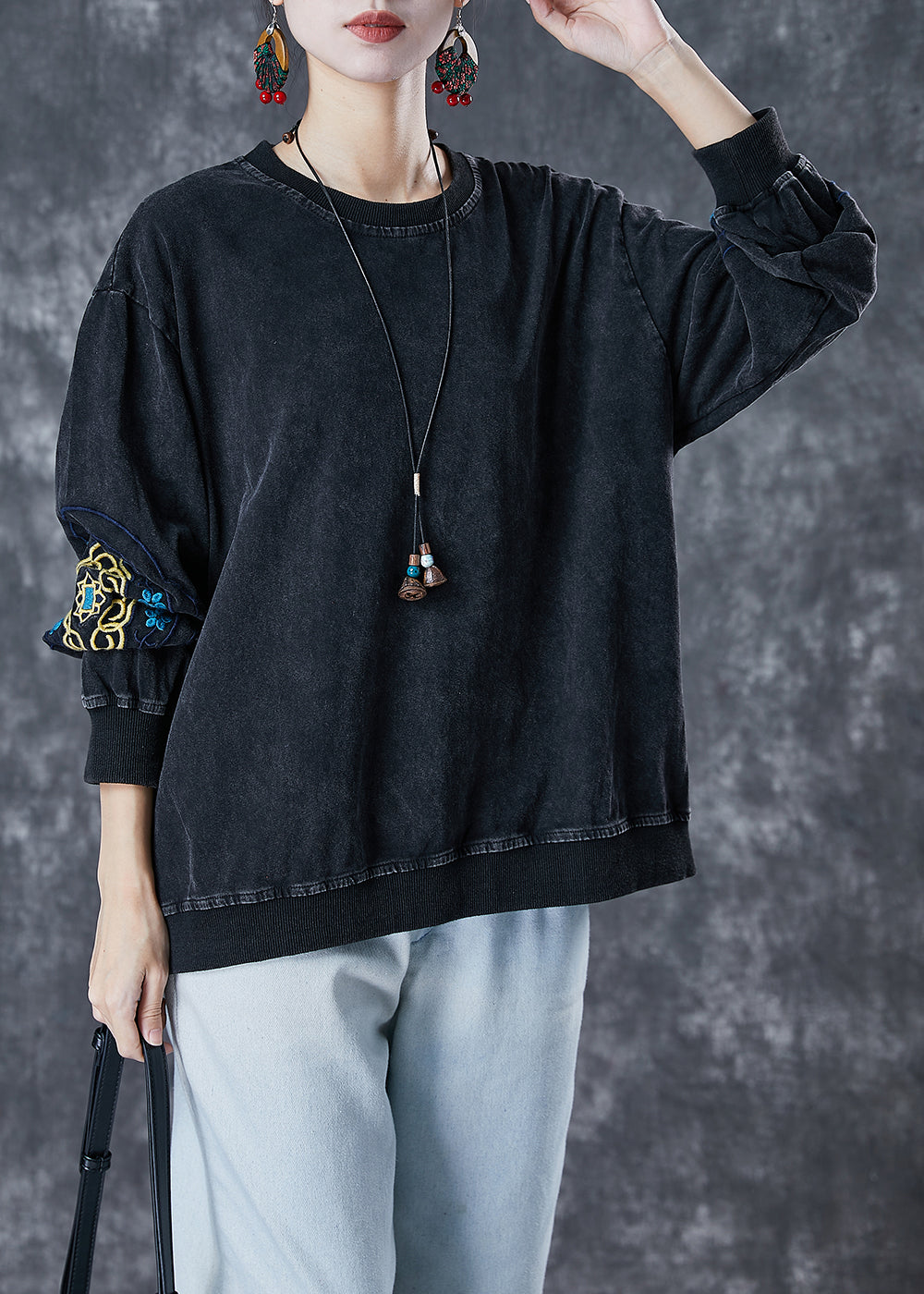 Black Oversized Cotton Pullover Sweatshirt Embroideried Fall