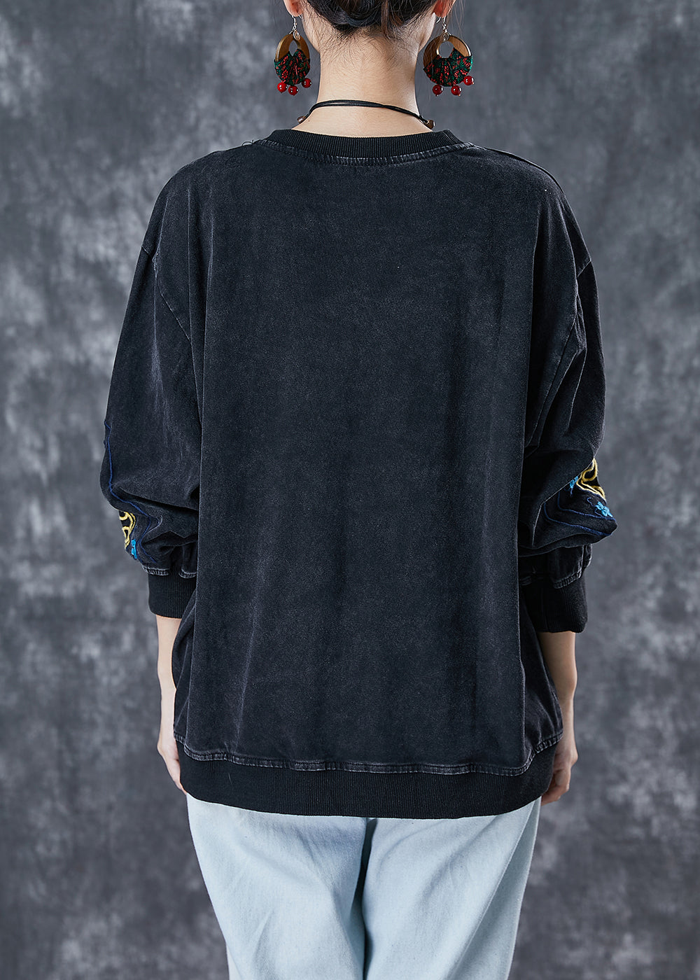 Black Oversized Cotton Pullover Sweatshirt Embroideried Fall