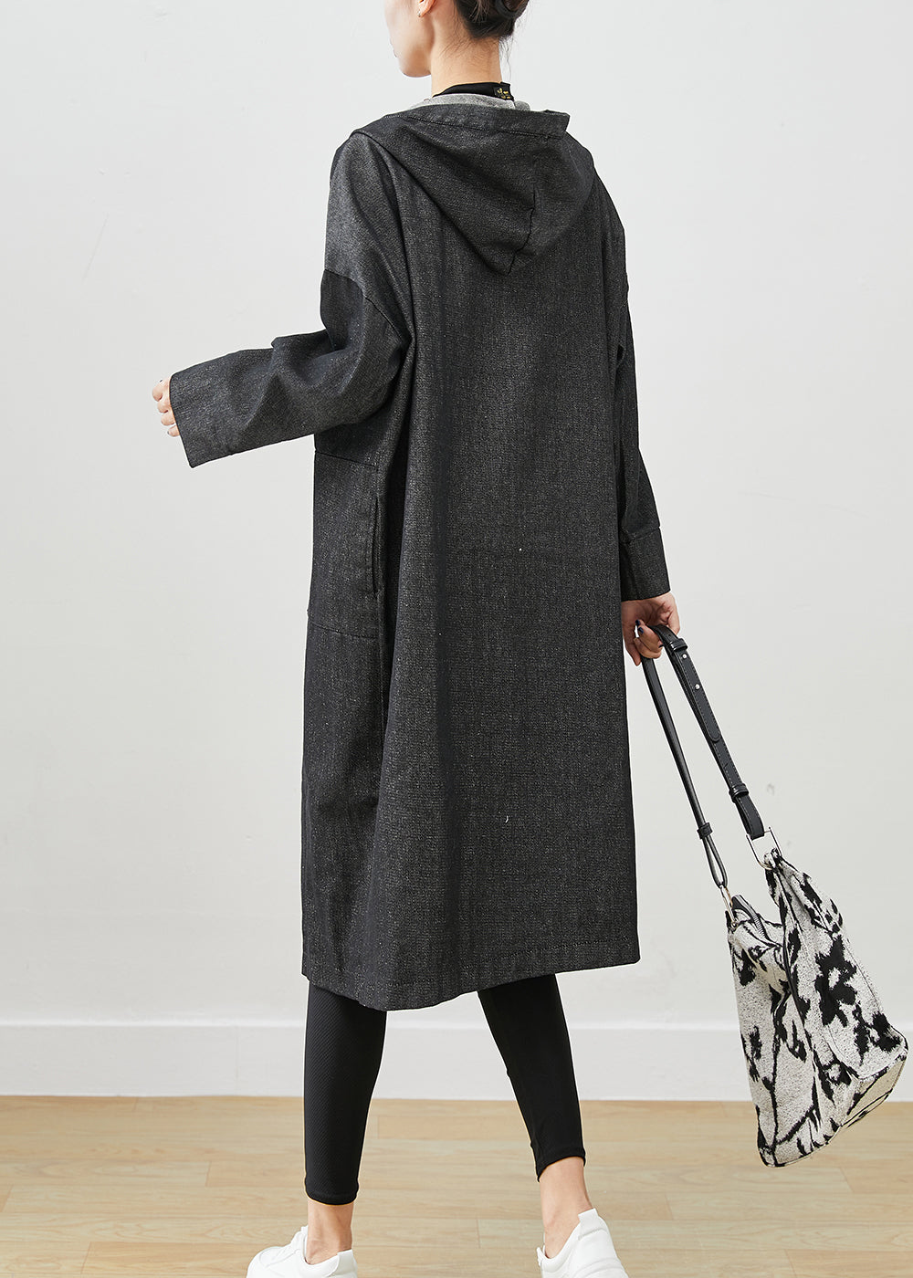 Black Oversized Denim Trench Coats Hooded Pockets Fall