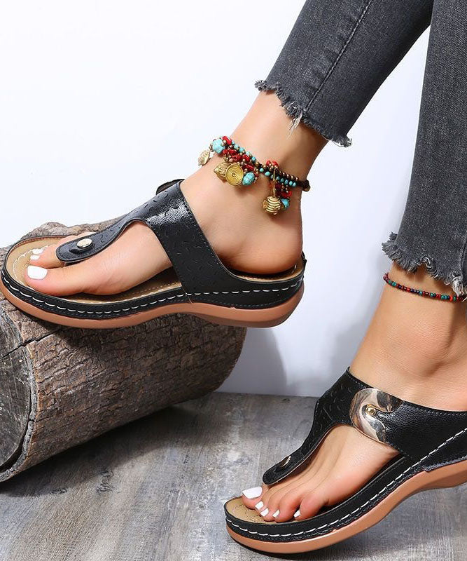 Black Sequined Rivet Splicing Beach Wedge Thong Sandals