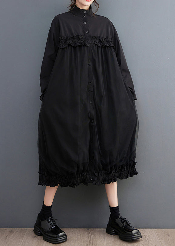 Black Tulle Button Patchwork Shirts Dress Stand Collar Long Sleeve