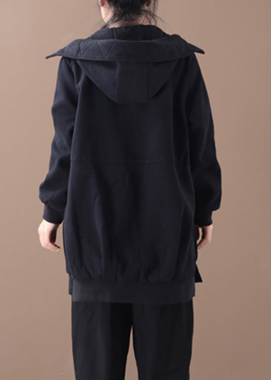 Black Zippered Side Open Hooded Coats Long Sleeve