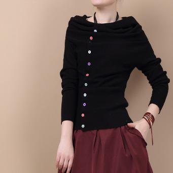 Black Woolen sweater shirt buttons - Omychic