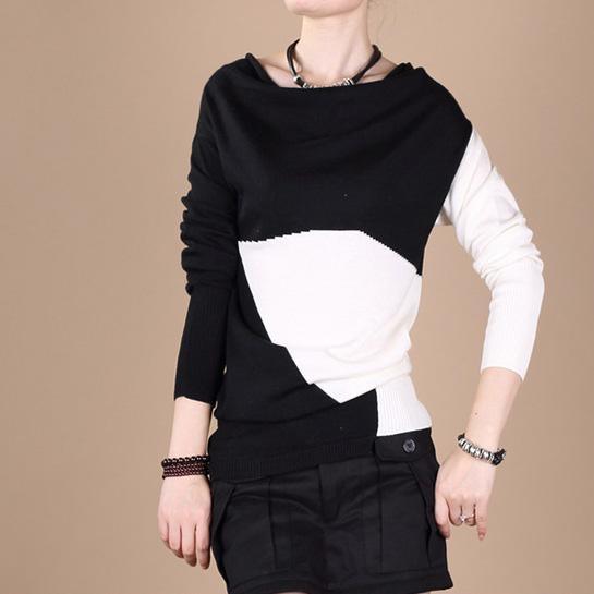 Black white Color patchwork tunic sweater - Omychic