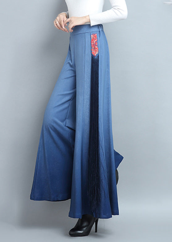 Blue Elastic Waist Cotton Wide Leg Pants Tasseled Spring