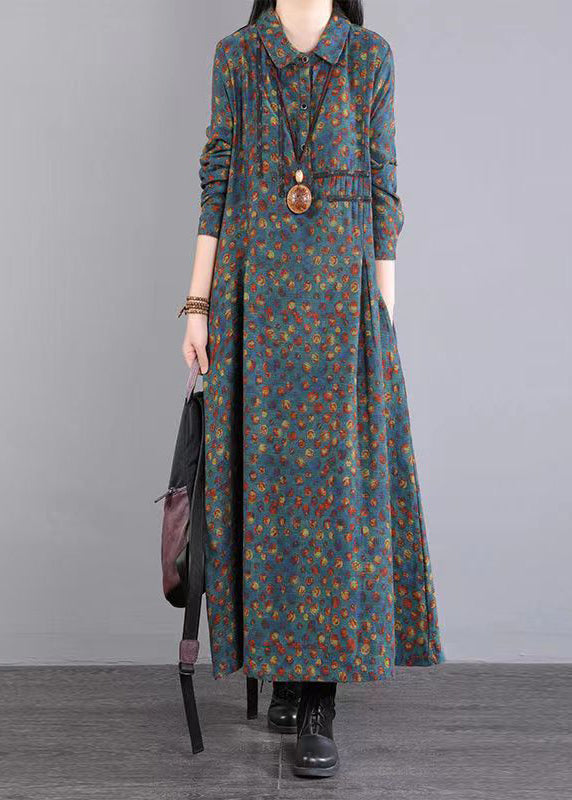 Blue Print Pockets Patchwork Cotton Long Dress Peter Pan Collar Fall