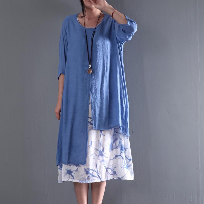 Blue asymmetrical summer maxi dress layered sundress plus size clothing floral inside - Omychic