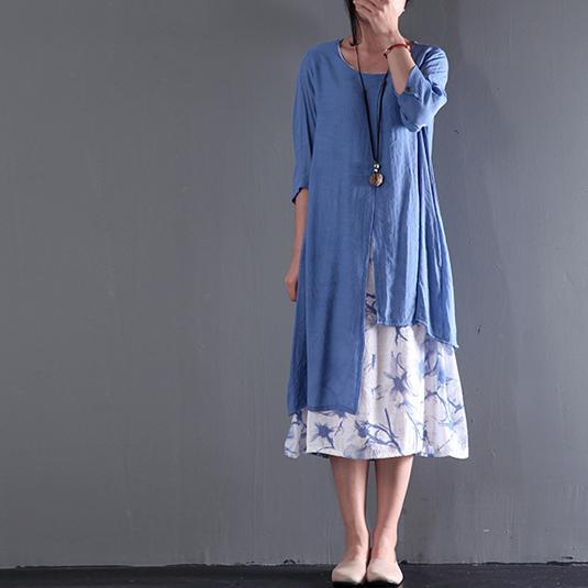 Blue asymmetrical summer maxi dress layered sundress plus size clothing floral inside - Omychic