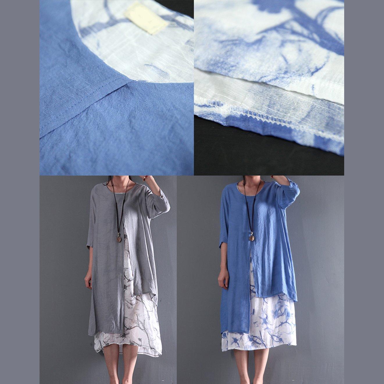 Blue asymmetrical summer maxi dress layered sundress plus size clothing floral inside - Omychic