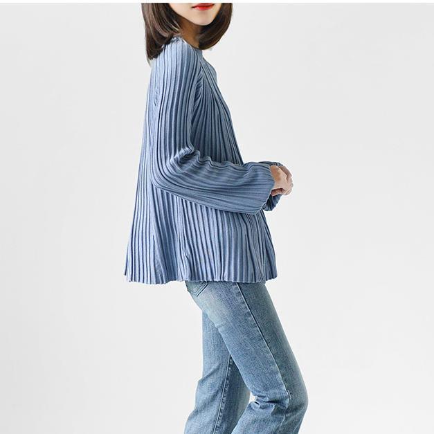 Blue long sleeve pleated knit tops thin sweater blouse shirts - Omychic