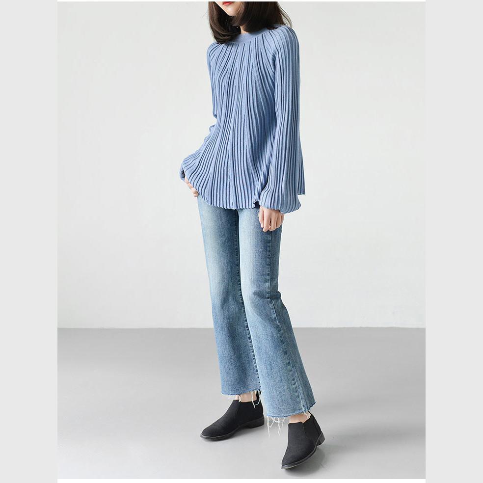 Blue long sleeve pleated knit tops thin sweater blouse shirts - Omychic