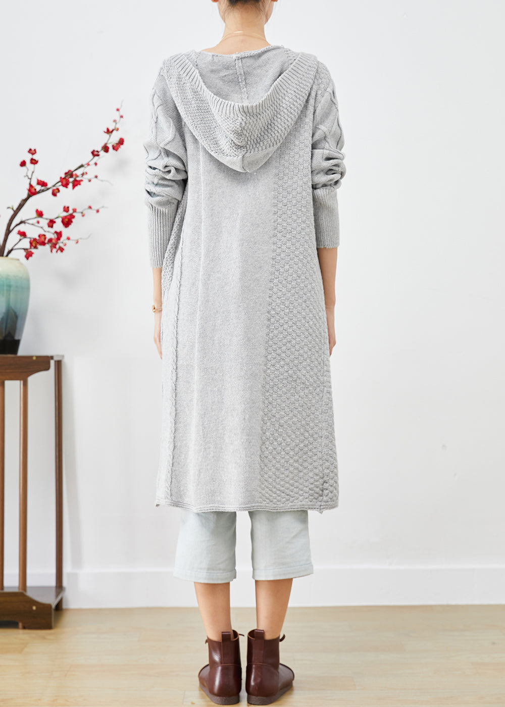 Bohemian Grey Hooded Oversized Knit Long Cardigans Fall