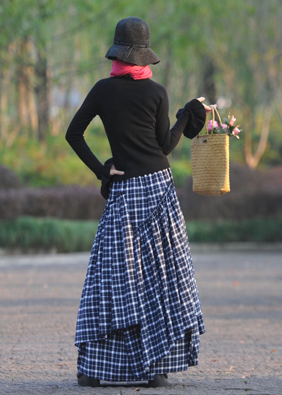 Bohemian Navy Wrinkled Asymmetrical Plaid Cotton Skirts Spring