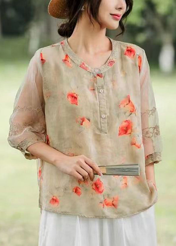 Bohemian Orange Embroideried Print Linen Shirt Top Summer