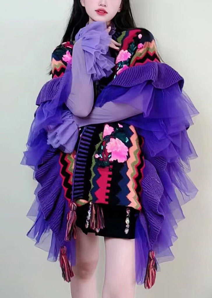 Bohemian Purple V Neck Tulle Patchwork Embroideried Knit Cape Long Sleeve