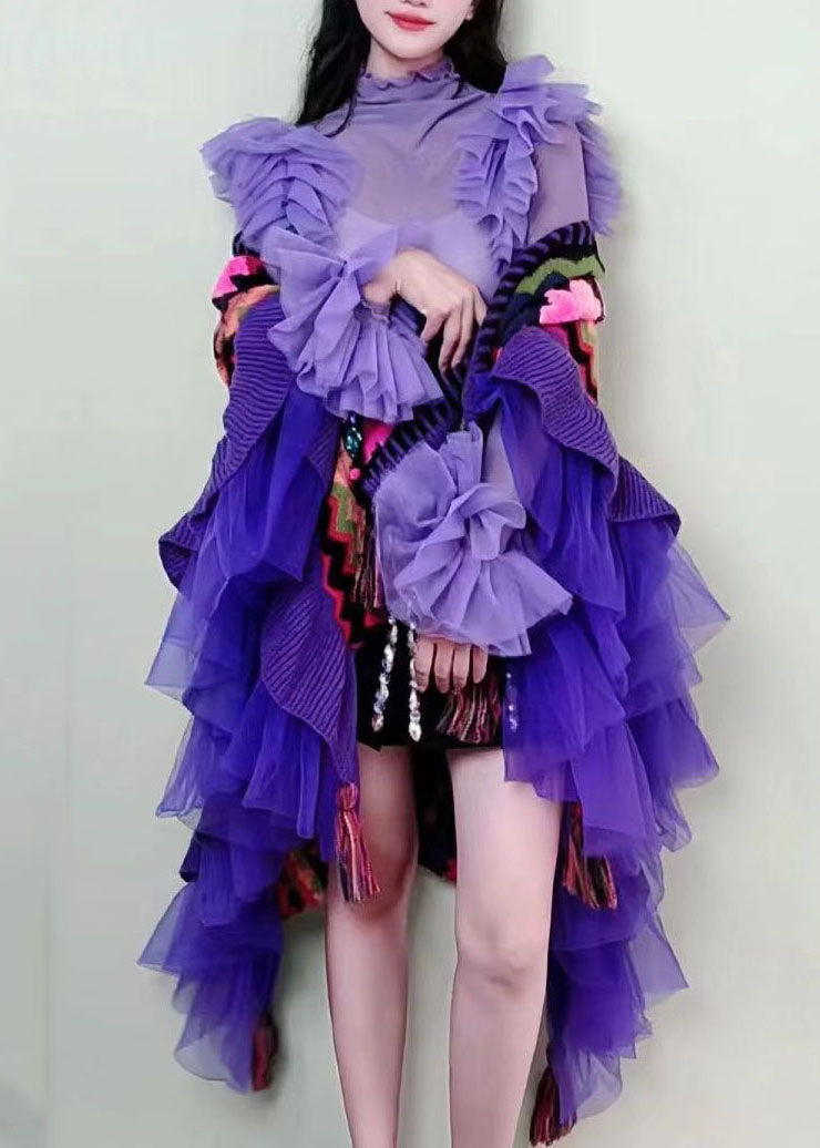 Bohemian Purple V Neck Tulle Patchwork Embroideried Knit Cape Long Sleeve