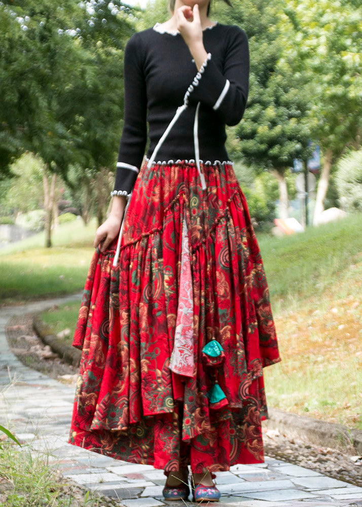 Bohemian Red Cinched Print Patchwork Exra Large Hem Cotton Skirts Fall