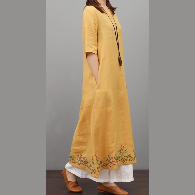 Bohemian embroidery linen dress Fashion Ideas yellow Dresses summer - Omychic