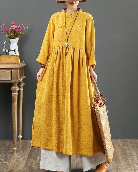 Bohemian Stand Collar Linen Robes Shirts Yellow Dresses Fall  ( Limited Stock) - Omychic