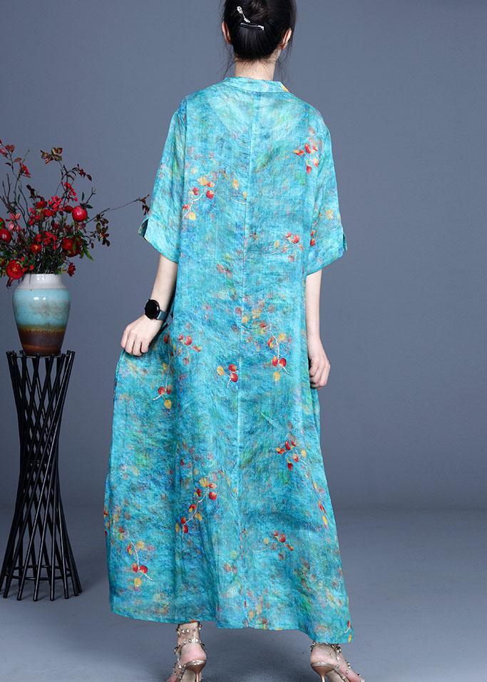 Boho Blue Print O-Neck Summer Ramie Long Dress Half Sleeve - Omychic