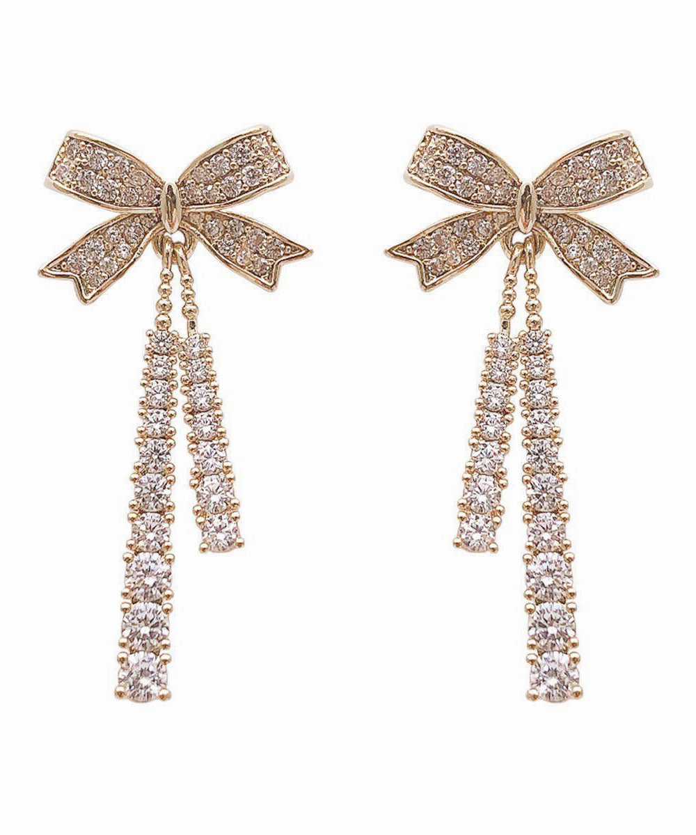 Boho Gold Sterling Silver Alloy Zircon Bow Tassel Drop Earrings