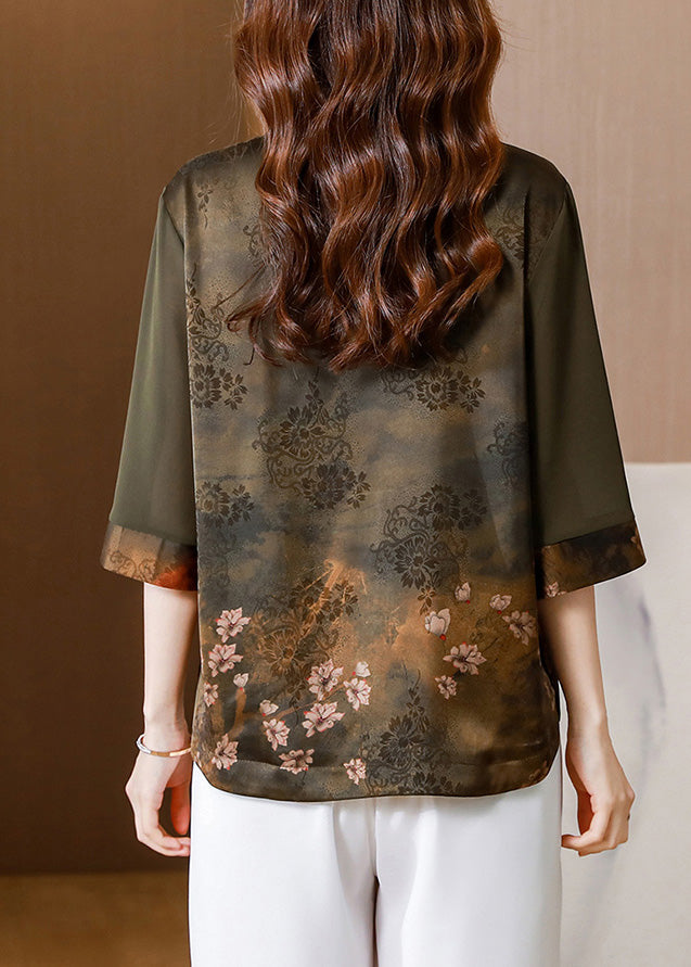 Boho Green O-Neck Print Button Silk Top Half Sleeve