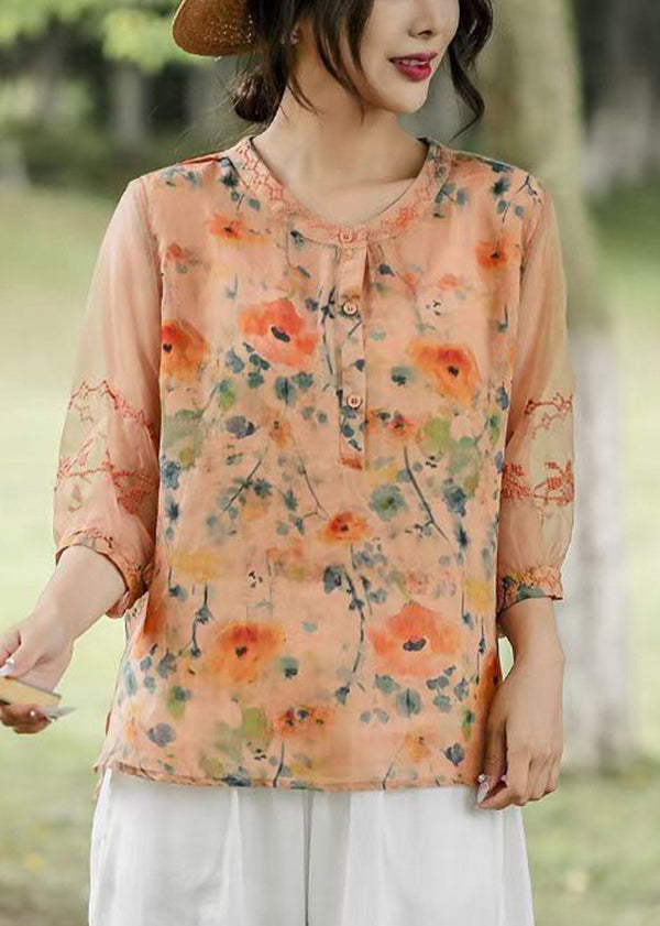 Boho Orange Embroideried Patchwork Print Linen Shirt Top Half Sleeve