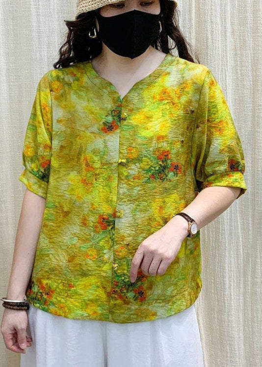 Boho Yellow Print Wrinkled Linen Shirt Top Short Sleeve