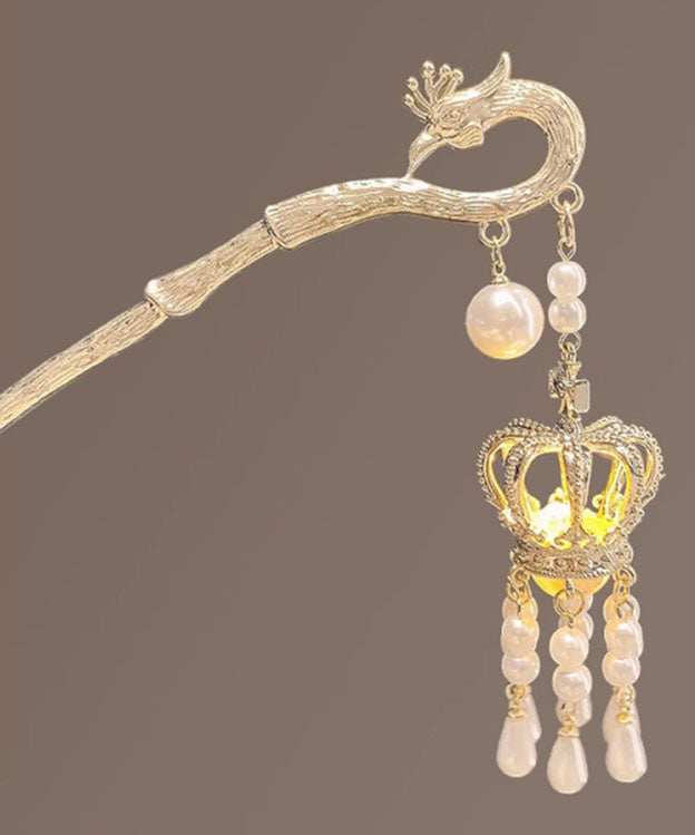 Boutique Gold Alloy Zircon Pearl Tassel Crown Hairpin