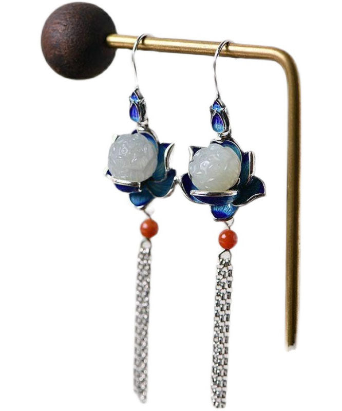 Boutique White Sterling Silver Inlaid Agate Cloisonne Lotus Drop Earrings