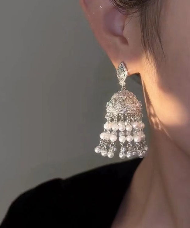 Brief White Copper Overgild Zircon Pearl Wind Chime Tassel Drop Earrings