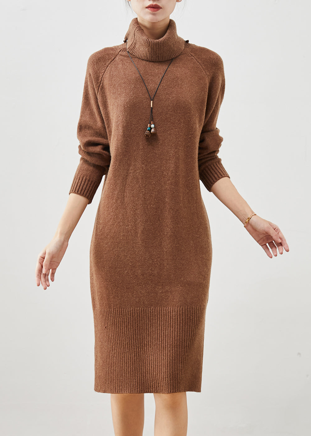 Brown Warm Knitwear Dress Turtle Neck Winter