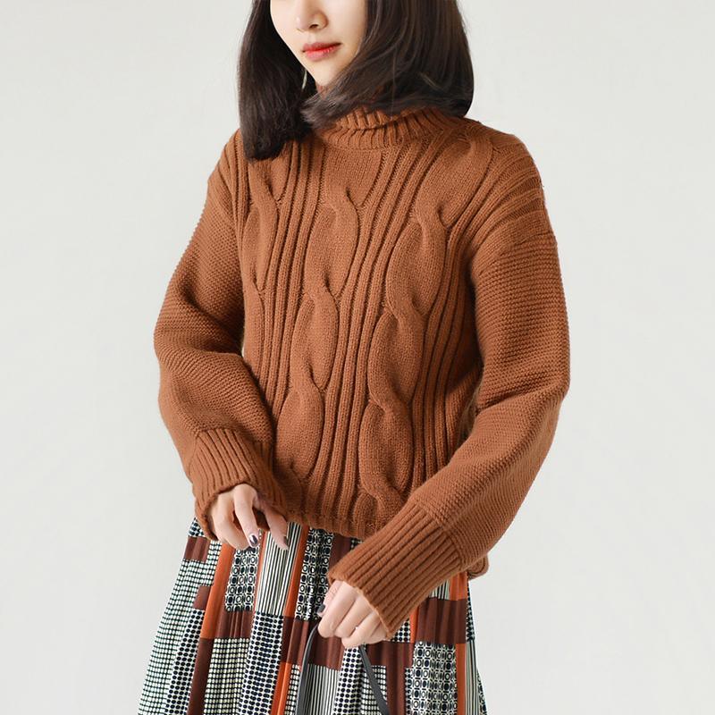 Brown cable knit sweaters short woman tops long sleeve casual clothing - Omychic